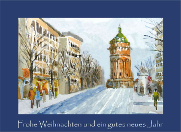 Weihnachtskarte Mannheim-Wasserturm-blau