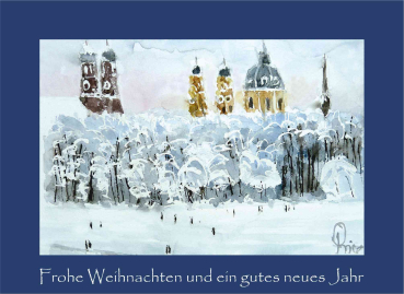 Weihnachtskarte München-Englischer Garten im Winter-blau
