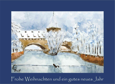 Weihnachtskarte Nürnberg-Kettensteg-blau