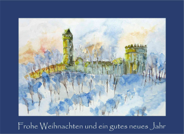 Weihnachtskarte Burg Plesse-blau