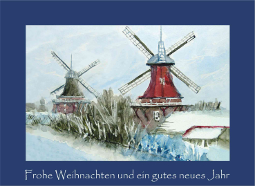 Weihnachtskarte Greetsieler-Zwillingsmühlen-blau