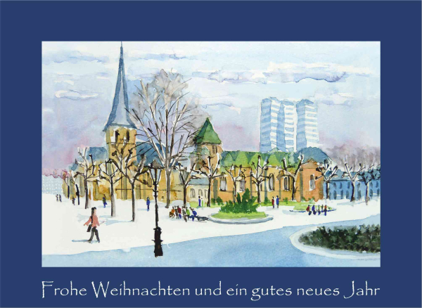 Weihnachtskarte Essen-Burgplatz-blau