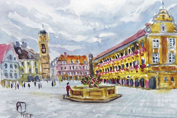 Memminger Marktplatz mit Brunnen